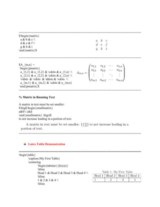 --------------------------------------------------------------------------------------------------------------------- 
$begin{matrix} 
a & b & c  
d & e & f  
g & h & i 
end{matrix}$ 
--------------------------------------------------------------------------------------------------------------------- 
$A_{m,n} = 
begin{pmatrix} 
a_{1,1} & a_{1,2} & cdots & a_{1,n}  
a_{2,1} & a_{2,2} & cdots & a_{2,n}  
vdots & vdots & ddots & vdots  
a_{m,1} & a_{m,2} & cdots & a_{m,n} 
end{pmatrix}$ 
--------------------------------------------------------------------------------------------------------------------- 
% Matrix in Running Text 
A matrix in text must be set smaller: 
$bigl(begin{smallmatrix} 
a&b c&d 
end{smallmatrix} bigr)$ 
to not increase leading in a portion of text. 
--------------------------------------------------------------------------------------------------------------------- 
Latex Table Demonstration 
--------------------------------------------------------------------------------------------------------------------- 
begin{table} 
caption{My First Table} 
centering 
begin{tabular}{|l|c|c|c|} 
hline 
Head 1 & Head 2 & Head 3 & Head 4  
hline 
1 & 2 & 3 & 4  
hline 
 