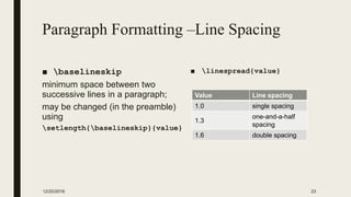 Paragraph Formatting –Line Spacing
■ baselineskip
minimum space between two
successive lines in a paragraph;
may be changed (in the preamble)
using
setlength{baselineskip}{value}
■ linespread{value}
12/20/2016 23
Value Line spacing
1.0 single spacing
1.3
one-and-a-half
spacing
1.6 double spacing
 