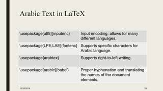 Arabic Text in LaTeX
usepackage[utf8]{inputenc} Input encoding, allows for many
different languages.
usepackage[LFE,LAE]{fontenc} Supports specific characters for
Arabic language.
usepackage{arabtex} Supports right-to-left writing.
usepackage[arabic]{babel} Proper hyphenation and translating
the names of the document
elements.
12/20/2016 53
 