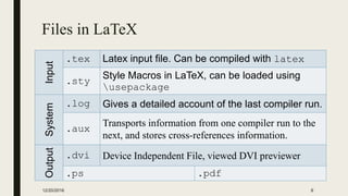 Files in LaTeX
Input
.tex Latex input ﬁle. Can be compiled with latex
.sty
Style Macros in LaTeX, can be loaded using
usepackage
System
.log Gives a detailed account of the last compiler run.
.aux
Transports information from one compiler run to the
next, and stores cross-references information.
Output
.dvi Device Independent File, viewed DVI previewer
.ps .pdf
12/20/2016 8
 