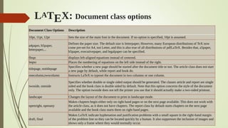 Document Class Options Description
10pt, 11pt, 12pt Sets the size of the main font in the document. If no option is specified, 10pt is assumed.
a4paper, b5paper,
letterpaper,...
Defines the paper size. The default size is letterpaper; However, many European distributions of TeX now
come pre-set for A4, not Letter, and this is also true of all distributions of pdfLaTeX. Besides that, a5paper,
b5paper, executivepaper, and legalpaper can be specified.
fleqn displays left-aligned equations instead of centered.
leqno Places the numbering of equations on the left side instead of the right.
titlepage, notitlepage
Specifies whether a new page should be started after the document title or not. The article class does not start
a new page by default, while report and book do.
onecolumn,twocolumn Instructs LaTeX to typeset the document in two columns or one column.
twoside, oneside
Specifies whether double or single sided output should be generated. The classes article and report are single
sided and the book class is double sided by default. Note that this option concerns the style of the document
only. The option twoside does not tell the printer you use that it should actually make a two-sided printout.
landscape Changes the layout of the document to print in landscape mode.
openright, openany
Makes chapters begin either only on right hand pages or on the next page available. This does not work with
the article class, as it does not have chapters. The report class by default starts chapters on the next page
available and the book class starts them on right hand pages.
draft, final
Makes LaTeX indicate hyphenation and justification problems with a small square in the right-hand margin
of the problem line so they can be located quickly by a human. It also suppresses the inclusion of images and
shows only a frame where they would normally occur.
LATEX: Document class options
 