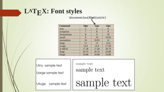 LATEX: Font styles
Command 10pt 11pt 12pt
tiny 5 6 6
scriptsize 7 8 8
footnotesize 8 9 10
small 9 10 10.95
normalsize 10 10.95 12
large 12 12 14.4
Large 14.4 14.4 17.28
LARGE 17.28 17.28 20.74
huge 20.74 20.74 24.88
Huge 24.88 24.88 24.88
documentclass[11pt]{article}
tiny sample text
large sample text
Huge sample text
 