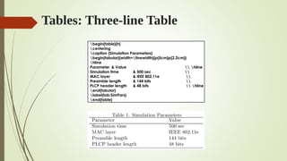 Tables: Three-line Table
begin{table}[h]
centering
caption {Simulation Parameters}
begin{tabular}[width=linewidth]{p{5cm}p{2.2cm}}
hline
Parameter & Value  hline
Simulation time & 500 sec 
MAC layer & IEEE 802.11e 
Preamble length & 144 bits 
PLCP header length & 48 bits  hline
end{tabular}
label{tab:SimPars}
end{table}
 