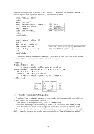 inserimos linhas parciais da coluna i até a coluna j. Dentro de um ambiente tabular, o
símbolo & passa para a próxima coluna e  inicia uma nova linha.
begin{tabular}{|r|l|}
hline
1966 & in’icio
1996 & recomec{c}o cline{2-2}
2004 & vida novaldots
hline hline
2013 & ano corrente
hline
end{tabular}
1966 início
1996 recomeço
2004 vida nova. . .
2009 ano corrente
begin{tabular}{|p{2in}|l|}
hline
Aqui tem muito texto para
uma ’unica linha da
coluna. & Segunda coluna
hline
end{tabular}
Aqui tem muito texto para
uma única linha da coluna.
Segunda coluna
O comando multicolumn{num-col}{especs}{texto} serve para posicionar texto através
de várias colunas (num-col), com formatação dada por especs.
centering
begin{tabular}{l|cc|c}
& multicolumn{2}{|c|}{N’umero do teste} 
multicolumn{1}{c|}{Estudante} & 1 & 2 & M’edia  hline
Bill & 6,7 & 7,2 & 7,0 
John & 7,2 & 6,7 & 7,0  hline
& multicolumn{2}{c|}{Na sala}  cline{2-3}
end{tabular}
Número do teste
Estudante 1 2 Média
Bill 6,7 7,2 7,0
John 7,2 6,7 7,0
Na sala
7.4 Usando referências bibliográﬁcas
O ambiente begin{thebibliography}{num-itens} é usado para produzir uma bibliogra-
ﬁa com, no máximo, num-itens de entradas.
Cada entrada na bibliograﬁa começa com bibitem{chave}.
Uma chave é usada para fazer as citações no texto do documento com cite{chave}.
Cada chave deve ser única, isto é, não podem existir duas chaves com o mesmo nome.
A numeração das entradas é produzida automaticamente, mas a ordem dessa numeração
obedece à sequência em que as entradas aparecem no ambiente begin{thebibliography}{..}.
11
 
