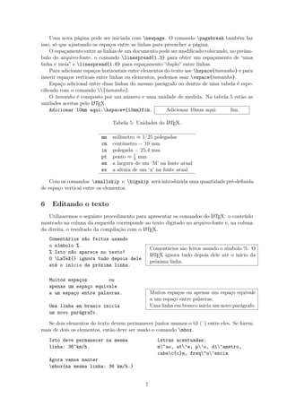 Uma nova página pode ser iniciada com newpage. O comando pagebreak também faz
isso, só que ajustando os espaços entre as linhas para preencher a página.
O espaçamento entre as linhas de um documento pode ser modiﬁcado colocando, no preâm-
bulo do arquivo-fonte, o comando linespread{1.3} para obter um espaçamento de “uma
linha e meia” e linespread{1.6} para espaçamento “duplo” entre linhas.
Para adicionar espaços horizontais entre elementos do texto use hspace{tamanho} e para
inserir espaços verticais entre linhas ou elementos, podemos usar vspace{tamanho}.
Espaço adicional entre duas linhas do mesmo parágrafo ou dentro de uma tabela é espe-
ciﬁcado com o comando [tamanho].
O tamanho é composto por um número e uma unidade de medida. Na tabela 5 estão as
unidades aceitas pelo LATEX.
Adicionar 10mm aqui:hspace*{10mm}fim. Adicionar 10mm aqui: ﬁm.
Tabela 5: Unidades do LATEX.
mm milímetro ≈ 1/25 polegadas
cm centímetro = 10 mm
in polegada = 25,4 mm
pt ponto ≈ 1
3 mm
em a largura de um ‘M’ na fonte atual
ex a altura de um ‘x’ na fonte atual
Com os comandos smallskip e bigskip será introduzida uma quantidade pré-deﬁnida
de espaço vertical entre os elementos.
6 Editando o texto
Utilizaremos o seguinte procedimento para apresentar os comandos do LATEX: o conteúdo
mostrado na coluna da esquerda corresponde ao texto digitado no arquivo-fonte e, na coluna
da direita, o resultado da compilação com o LATEX.
Comentários são feitos usando
o símbolo %.
% Isto não aparece no texto!
O LaTeX{} ignora tudo depois dele
até o início da próxima linha.
Comentários são feitos usando o símbolo %. O
LATEX ignora tudo depois dele até o início da
próxima linha.
Muitos espaços ou
apenas um espaço equivale
a um espaço entre palavras.
Uma linha em branco inicia
um novo parágrafo.
Muitos espaços ou apenas um espaço equivale
a um espaço entre palavras.
Uma linha em branco inicia um novo parágrafo.
Se dois elementos do texto devem permanecer juntos usamos o til (˜) entre eles. Se forem
mais de dois os elementos, então deve ser usado o comando mbox.
Isto deve permanecer na mesma
linha: 36~km/h.
Agora vamos manter
mbox{na mesma linha: 36 km/h.}
Letras acentuadas:
m~ao, at’e, p’o, di^ametro,
cabec{c}a, freq"u^encia
7
 