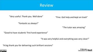 Review
“Very useful. Thank you. Well done”
“The tutor was amazing”
“Fine. Got help and kept on track”
“Good to have students' first hand experience”
“A big thank you for delivering such brilliant sessions”
“Fantastic as always!”
“It was very helpful and everything was very clear!”
Review