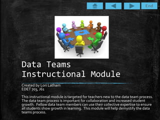 Data Teams
Instructional Module
Created by Lori Latham
EDET 703, J61
This instructional module is targeted for teachers new to the data team process.
The data team process is important for collaboration and increased student
growth. Fellow data team members can use their collective expertise to ensure
all students show growth in learning. This module will help demystify the data
teams process.
 