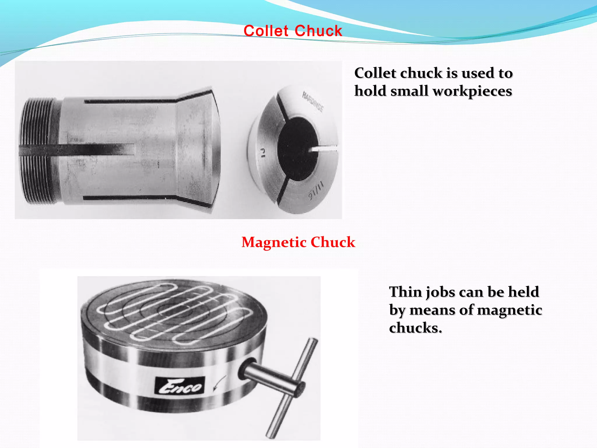  Thin jobs can be held by means of
magnetic chucks.
Collet Chuck
Magnetic Chuck
Collet chuck is used toCollet chuck is used to
hold small workpieceshold small workpieces
Thin jobs can be heldThin jobs can be held
by means of magneticby means of magnetic
chucks.chucks.
 