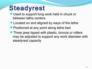 Steadyrest
Used to support long work held in chuck or
between lathe centers
Located on and aligned by ways of the lathe
Positioned at any point along lathe bed
Three jaws tipped with plastic, bronze or rollers
may be adjusted to support any work diameter with
steadyrest capacity
24
 