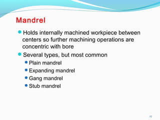 Mandrel
Holds internally machined workpiece between
centers so further machining operations are
concentric with bore
Several types, but most common
Plain mandrel
Expanding mandrel
Gang mandrel
Stub mandrel
27
 