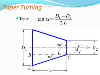 Taper Turning
Taper:
L
DD
2
tan 21 −
=α
 