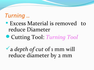 Turning ..
 Excess Material is removed to
reduce Diameter
Cutting Tool: Turning Tool
a depth of cut of 1 mm will
reduce diameter by 2 mm
 