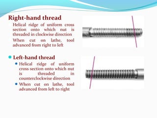Right-hand thread
Helical ridge of uniform cross
section onto which nut is
threaded in clockwise direction
When cut on lathe, tool
advanced from right to left
Left-hand thread
Helical ridge of uniform
cross section onto which nut
is threaded in
counterclockwise direction
When cut on lathe, tool
advanced from left to right
 