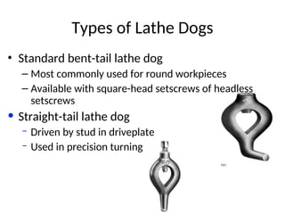Types of Lathe Dogs
• Standard bent-tail lathe dog
– Most commonly used for round workpieces
– Available with square-head setscrews of headless
setscrews
• Straight-tail lathe dog
– Driven by stud in driveplate
– Used in precision turning
 