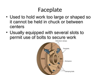 Faceplate
• Used to hold work too large or shaped so
it cannot be held in chuck or between
centers
• Usually equipped with several slots to
permit use of bolts to secure work
 