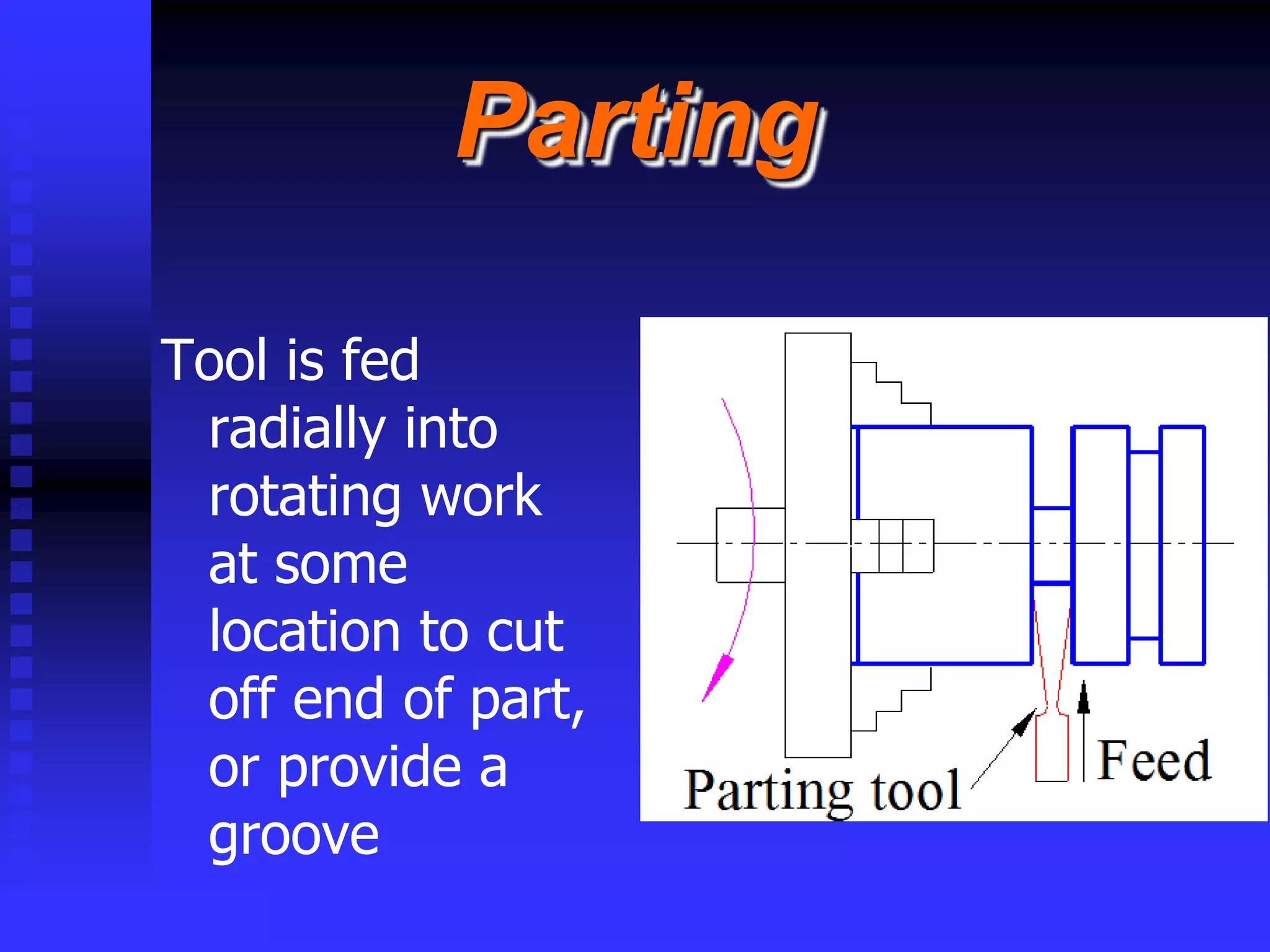 © rkm2003
Parting
Tool is fed
radially into
rotating work
at some
location to cut
off end of part,
or provide a
groove
 