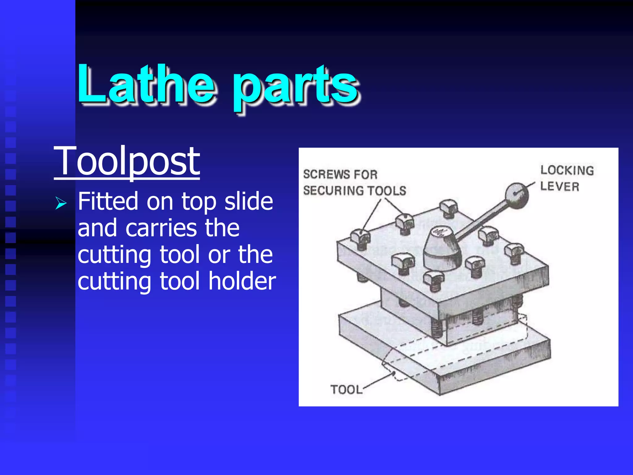 © rkm2003
Lathe parts
Toolpost
 Fitted on top slide
and carries the
cutting tool or the
cutting tool holder
 