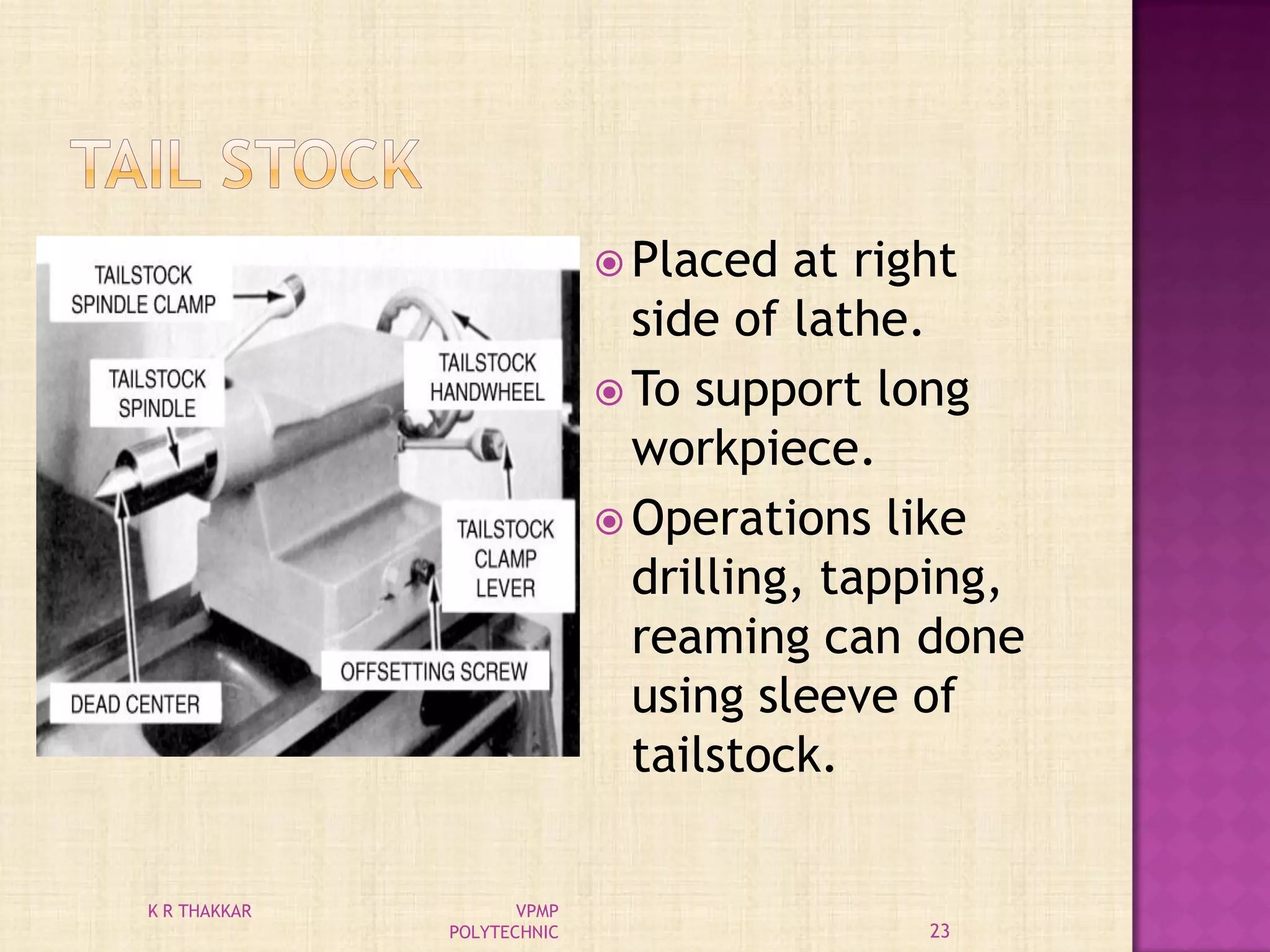  Placed at right
side of lathe.
 To support long
workpiece.
 Operations like
drilling, tapping,
reaming can done
using sleeve of
tailstock.
23
K R THAKKAR VPMP
POLYTECHNIC
 