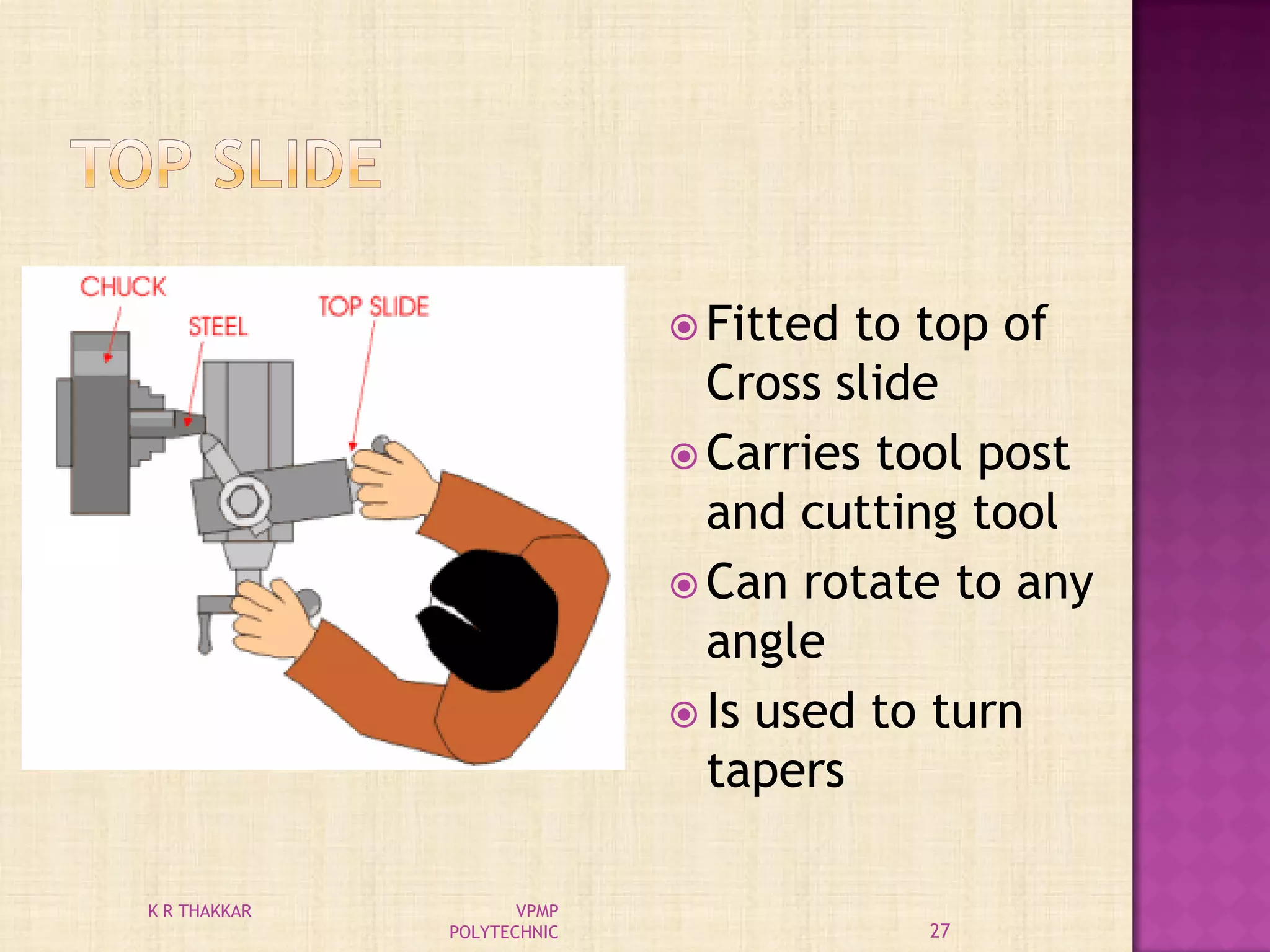  Fitted to top of
Cross slide
 Carries tool post
and cutting tool
 Can rotate to any
angle
 Is used to turn
tapers
27
K R THAKKAR VPMP
POLYTECHNIC
 