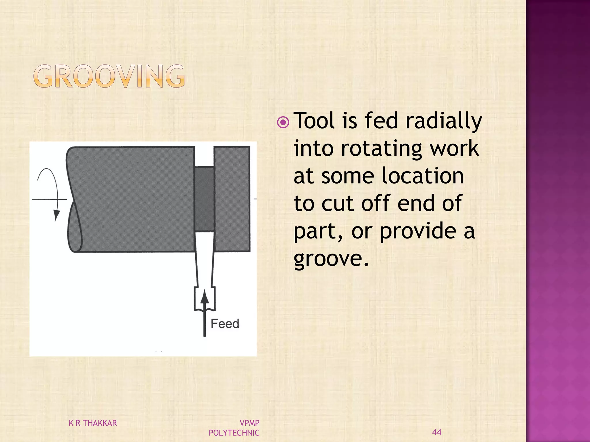  Tool is fed radially
into rotating work
at some location
to cut off end of
part, or provide a
groove.
44
K R THAKKAR VPMP
POLYTECHNIC
 