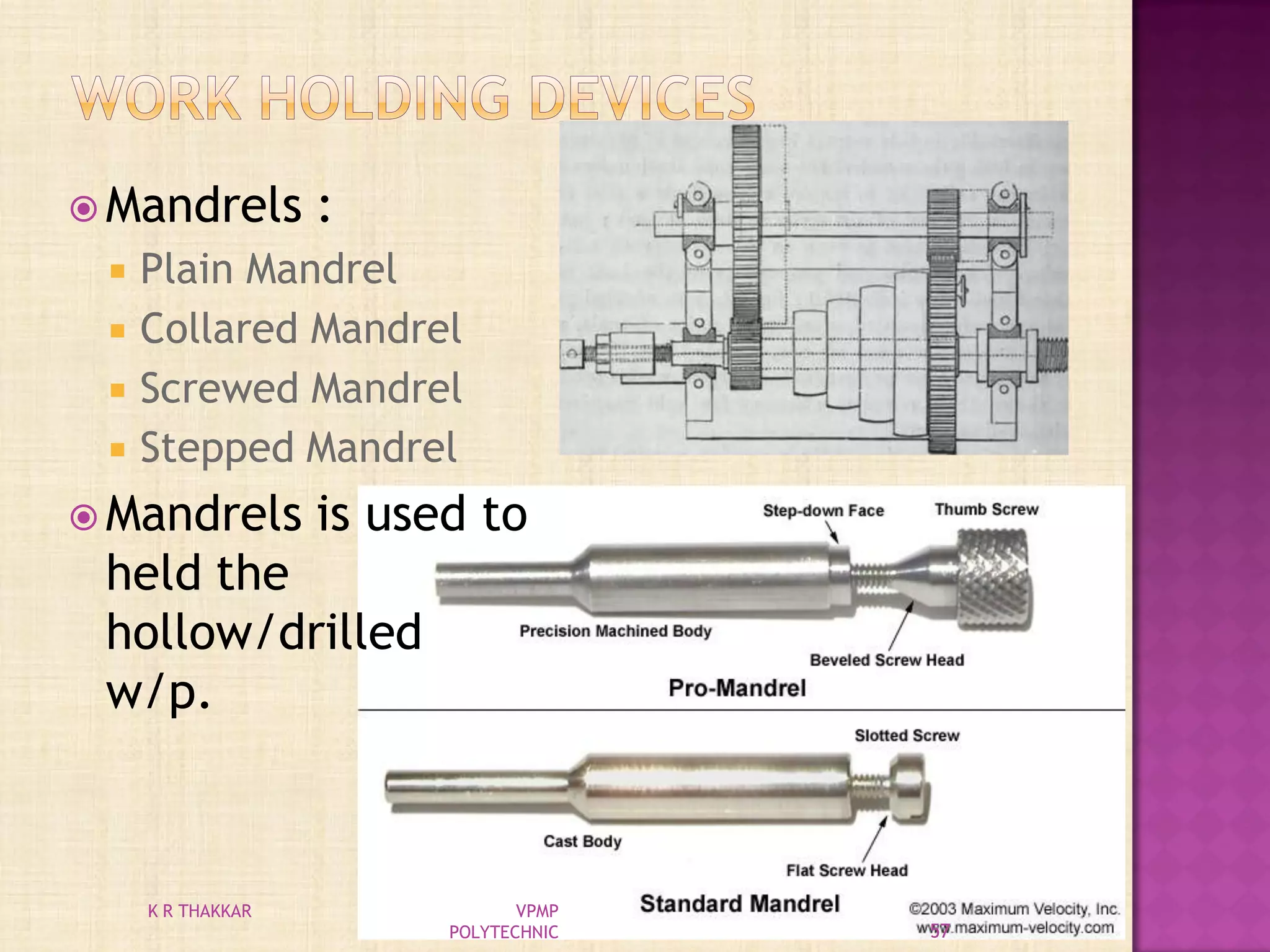  Mandrels :
 Plain Mandrel
 Collared Mandrel
 Screwed Mandrel
 Stepped Mandrel
 Mandrels is used to
held the
hollow/drilled
w/p.
57
K R THAKKAR VPMP
POLYTECHNIC
 