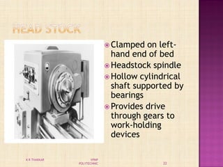  Clamped on left-
hand end of bed
 Headstock spindle
 Hollow cylindrical
shaft supported by
bearings
 Provides drive
through gears to
work-holding
devices
22
K R THAKKAR VPMP
POLYTECHNIC
 