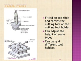  Fitted on top slide
and carries the
cutting tool or the
cutting tool holder
 Can adjust the
height on some
types
 Can carry 4
different tool
holders
28
K R THAKKAR VPMP
POLYTECHNIC
 