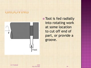  Tool is fed radially
into rotating work
at some location
to cut off end of
part, or provide a
groove.
44
K R THAKKAR VPMP
POLYTECHNIC
 