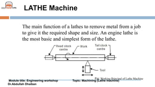 Module title: Engineering workshop Topic: Machining (Lathe machine)
Dr.Abdullah Dhaiban
LATHE Machine
The main function of a lathes to remove metal from a job
to give it the required shape and size. An engine lathe is
the most basic and simplest form of the lathe.
Fig: Working Principal of Lathe Machine
 