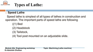 Module title: Engineering workshop Topic: Machining (Lathe machine)
Dr.Abdullah Dhaiban
Types of Lathe:
 Speed Lathe
Speed lathe is simplest of all types of lathes in construction and
operation. The important parts of speed lathe are following
((1) Bed
(2) Headstock
(3) Tailstock,
(4) Tool post mounted on an adjustable slide.
 