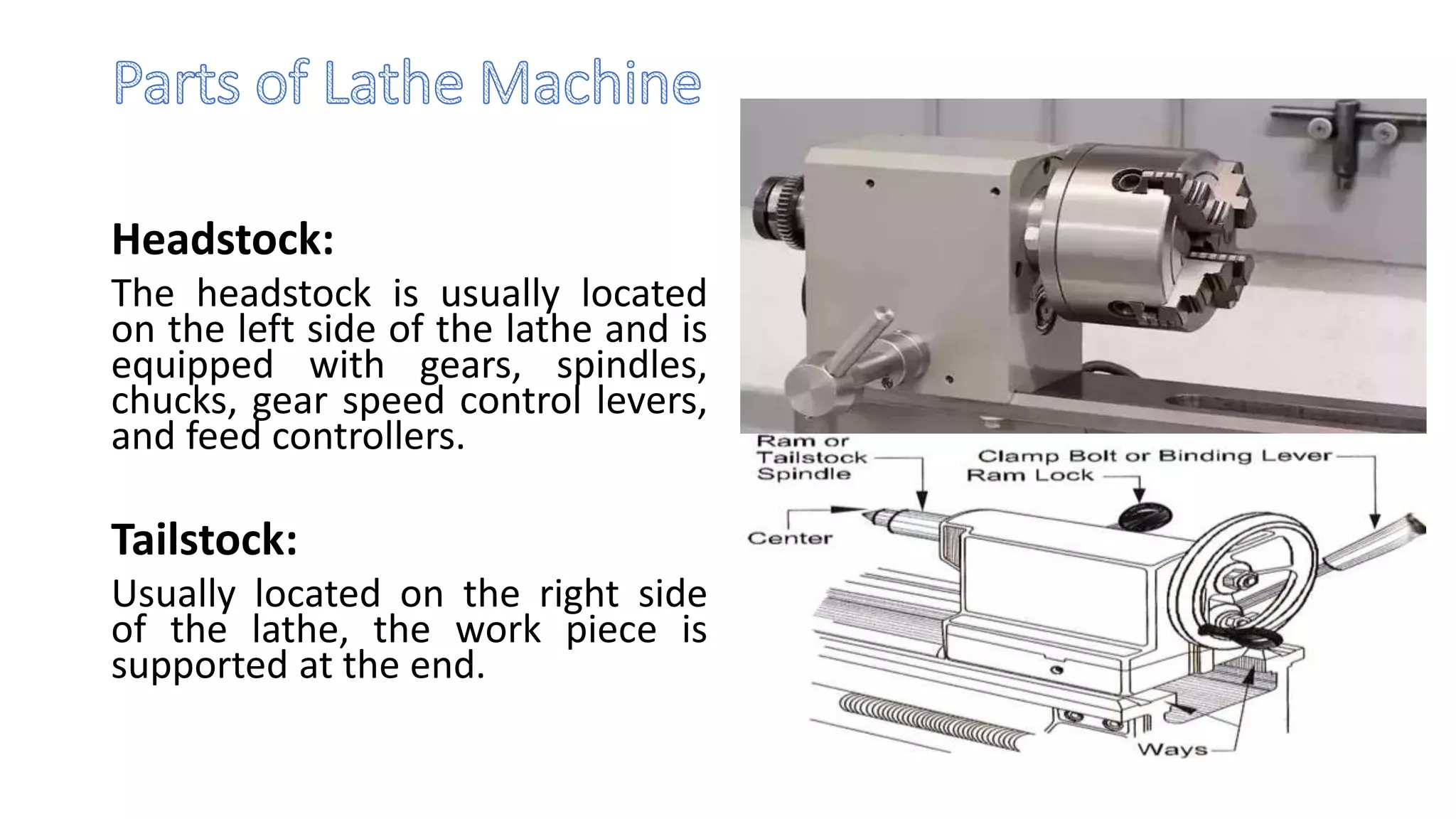 Headstock:
The headstock is usually located
on the left side of the lathe and is
equipped with gears, spindles,
chucks, gear speed control levers,
and feed controllers.
Tailstock:
Usually located on the right side
of the lathe, the work piece is
supported at the end.
 
