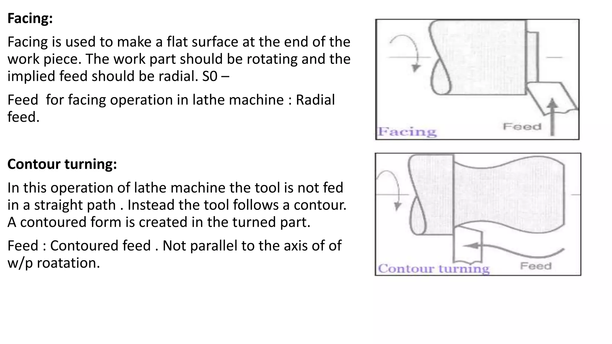 Facing:
Facing is used to make a flat surface at the end of the
work piece. The work part should be rotating and the
implied feed should be radial. S0 –
Feed for facing operation in lathe machine : Radial
feed.
Contour turning:
In this operation of lathe machine the tool is not fed
in a straight path . Instead the tool follows a contour.
A contoured form is created in the turned part.
Feed : Contoured feed . Not parallel to the axis of of
w/p roatation.
 