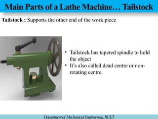 Main Parts of a Lathe Machine… Tailstock
Departmentof MechanicalEngineering,RUET
Tailstock : Supports the other end of the work piece
• Tailstock has tapered spindle to hold
the object
• It’s also called dead centre or non-
rotating centre
 