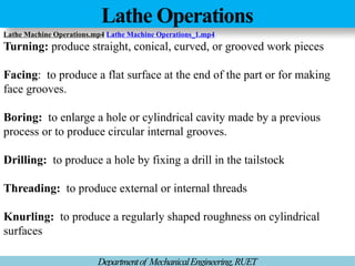 Lathe Operations
Departmentof MechanicalEngineering,RUET
Lathe Machine Operations.mp4 Lathe Machine Operations_1.mp4
Turning: produce straight, conical, curved, or grooved work pieces
Facing: to produce a flat surface at the end of the part or for making
face grooves.
Boring: to enlarge a hole or cylindrical cavity made by a previous
process or to produce circular internal grooves.
Drilling: to produce a hole by fixing a drill in the tailstock
Threading: to produce external or internal threads
Knurling: to produce a regularly shaped roughness on cylindrical
surfaces
 