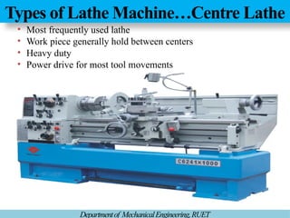 Types of Lathe Machine…Centre Lathe
Departmentof MechanicalEngineering,RUET
• Most frequently used lathe
• Work piece generally hold between centers
• Heavy duty
• Power drive for most tool movements
 