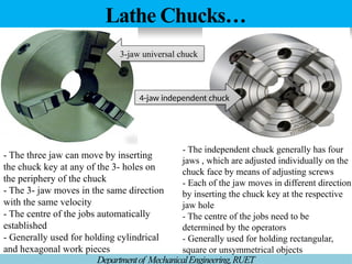 Lathe Chucks…
Departmentof MechanicalEngineering,RUET
- The three jaw can move by inserting
the chuck key at any of the 3- holes on
the periphery of the chuck
- The 3- jaw moves in the same direction
with the same velocity
- The centre of the jobs automatically
established
- Generally used for holding cylindrical
and hexagonal work pieces
- The independent chuck generally has four
jaws , which are adjusted individually on the
chuck face by means of adjusting screws
- Each of the jaw moves in different direction
by inserting the chuck key at the respective
jaw hole
- The centre of the jobs need to be
determined by the operators
- Generally used for holding rectangular,
square or unsymmetrical objects
3-jaw universal chuck
4-jaw independent chuck
 