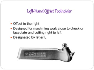 Left-Hand Offset Toolholder
 Offset to the right
 Designed for machining work close to chuck or
faceplate and cutting right to left
 Designated by letter L
 