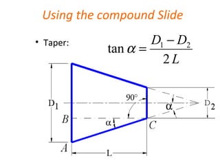 Using the compound Slide
• Taper:
L
DD
2
tan 21 −
=α
 