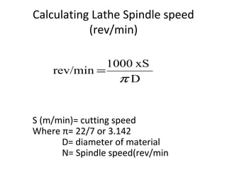 Calculating Lathe Spindle speed
(rev/min)
D
xS1000
rev/min
π
=
S (m/min)= cutting speed
Where π= 22/7 or 3.142
D= diameter of material
N= Spindle speed(rev/min
 