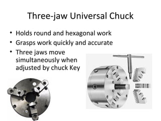 Three-jaw Universal Chuck
• Holds round and hexagonal work
• Grasps work quickly and accurate
• Three jaws move
simultaneously when
adjusted by chuck Key
 