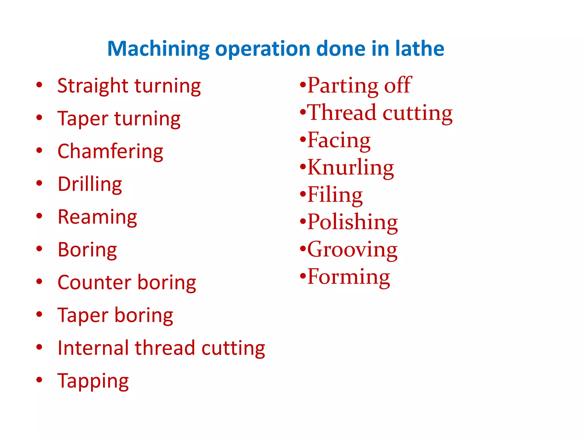 Machining operation done in lathe
• Straight turning
• Taper turning
• Chamfering
• Drilling
• Reaming
• Boring
• Counter boring
• Taper boring
• Internal thread cutting
• Tapping
•Parting off
•Thread cutting
•Facing
•Knurling
•Filing
•Polishing
•Grooving
•Forming
 