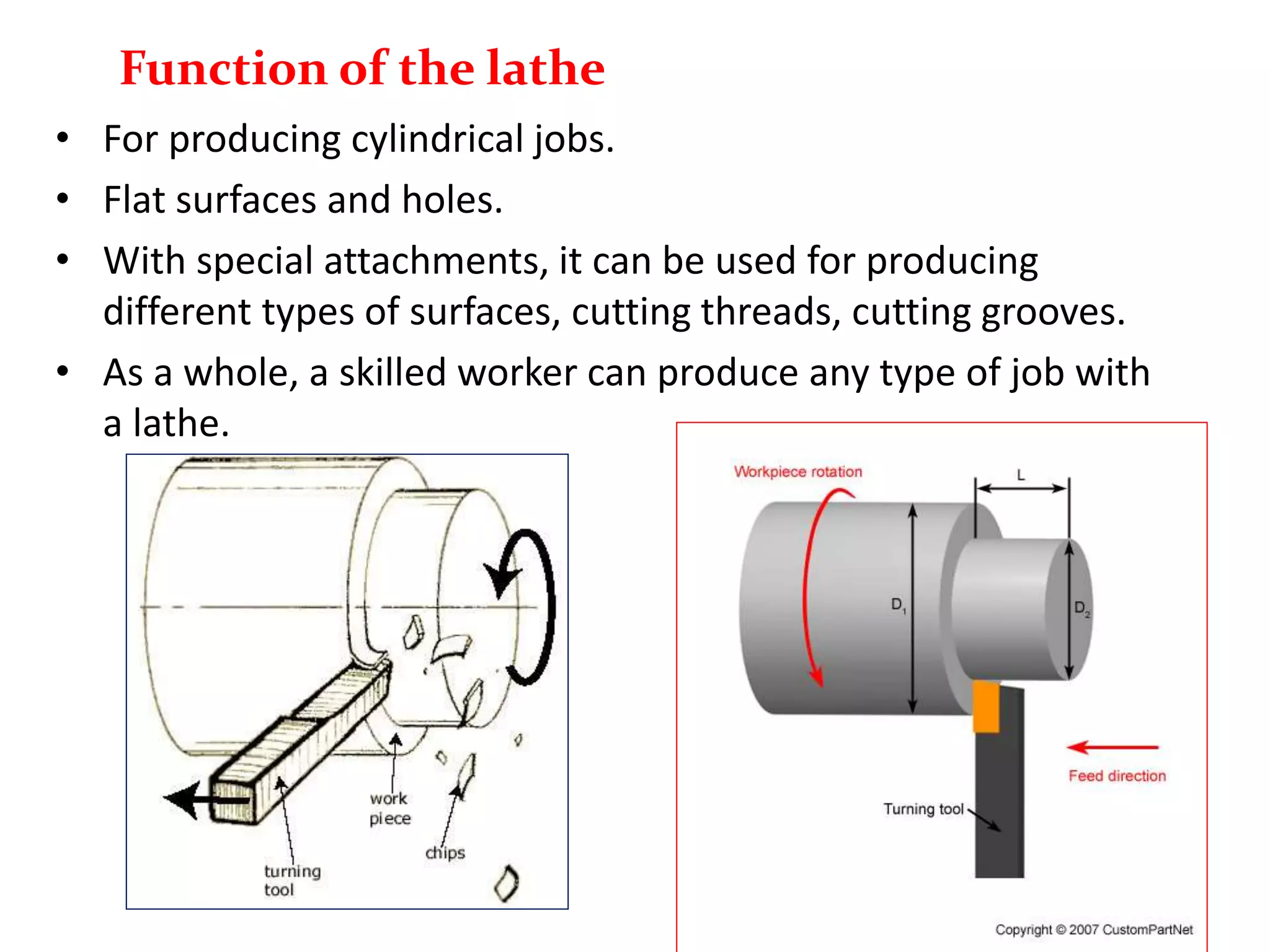 • For producing cylindrical jobs.
• Flat surfaces and holes.
• With special attachments, it can be used for producing
different types of surfaces, cutting threads, cutting grooves.
• As a whole, a skilled worker can produce any type of job with
a lathe.
Function of the lathe
 
