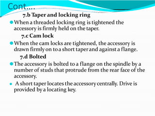 Cont….
7.b Taper and locking ring
⚫When a threaded locking ring is tightened the
accessory is firmly held on the taper.
7.c Cam lock
⚫When the cam locks are tightened, the accessory is
drawn firmlyon toa short taperand againsta flange.
7.d Bolted
⚫The accessory is bolted to a flange on the spindle by a
number of studs that protrude from the rear face of the
accessory.
⚫ A short taper locates theaccessorycentrally. Drive is
provided bya locating key.
 