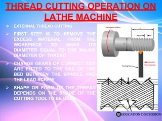 THREAD CUTTING OPERATION ON
LATHE MACHINE
 EXTERNAL THREAD CUTTING
 FIRST STEP IS TO
EXCESS MATERIAL
WORKPIECE TO
REMOVE THE
FROM THE
MAKE ITS
DIAMETER EQUAL TO THE MAJOR
DIAMETER OF THREAD
 CHANGE GEARS OF CORRECT SIZE
ARE FITTED TO
BED BETWEEN
THE END OF THE
THE SPINDLE AND
THE LEAD SCREW
 SHAPE OR FORM OF THE THREAD
DEPENDS ON THE SHAPE OF THE
CUTTING TOOL TO BE USED
 