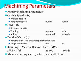 Machining Parameters
⚫Primary Machining Parameters
⚫Cutting Speed – (v)
⚫ Primary motion
⚫ Peripheral speed
⚫Feed – (f)
m/min ft/min
⚫ Secondary motion
⚫ Turning: mm/rev in/rev
⚫ Milling: mm/tooth in/tooth
⚫Depth of Cut – (d)
in
⚫ Penetration of tool below original work surface
⚫ Single parameter mm
⚫ Resulting in Material Removal Rate – (MRR)
MRR = v f d mm3/s in3/min
⚫where v = cutting speed; f = feed; d = depth of cut
 