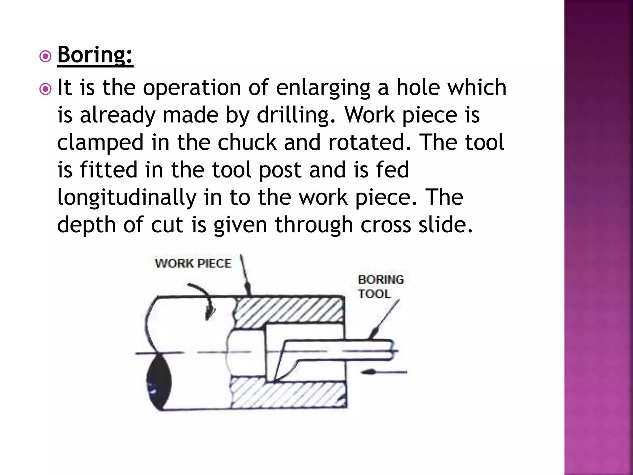  Boring:
 It is the operation of enlarging a hole which
is already made by drilling. Work piece is
clamped in the chuck and rotated. The tool
is fitted in the tool post and is fed
longitudinally in to the work piece. The
depth of cut is given through cross slide.
 