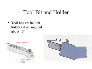 Tool Bit and Holder
• Tool bits are held in
holders at an angle of
about 15°
 