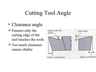 Cutting Tool Angle
• Clearance angle
 Ensures only the
cutting edge of the
tool touches the work
 Too much clearance
causes chatter
 