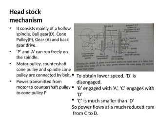 Head stock
mechanism
• It consists mainly of a hollow
spindle, Bull gear(D), Cone
Pulley(P), Gear (A) and back
gear drive.
• ‘P’ and ‘A’ can run freely on
the spindle.
• Motor pulley, countershaft
cone pulley and spindle cone
pulley are connected by belt.
• Power transmitted from
motor to countershaft pulley
to cone pulley P
 To obtain lower speed, ‘D’ is
disengaged.
 ‘B’ engaged with ‘A’, ‘C’ engages with
‘D’
 ‘C’ is much smaller than ‘D’
So power flows at a much reduced rpm
from C to D.
 