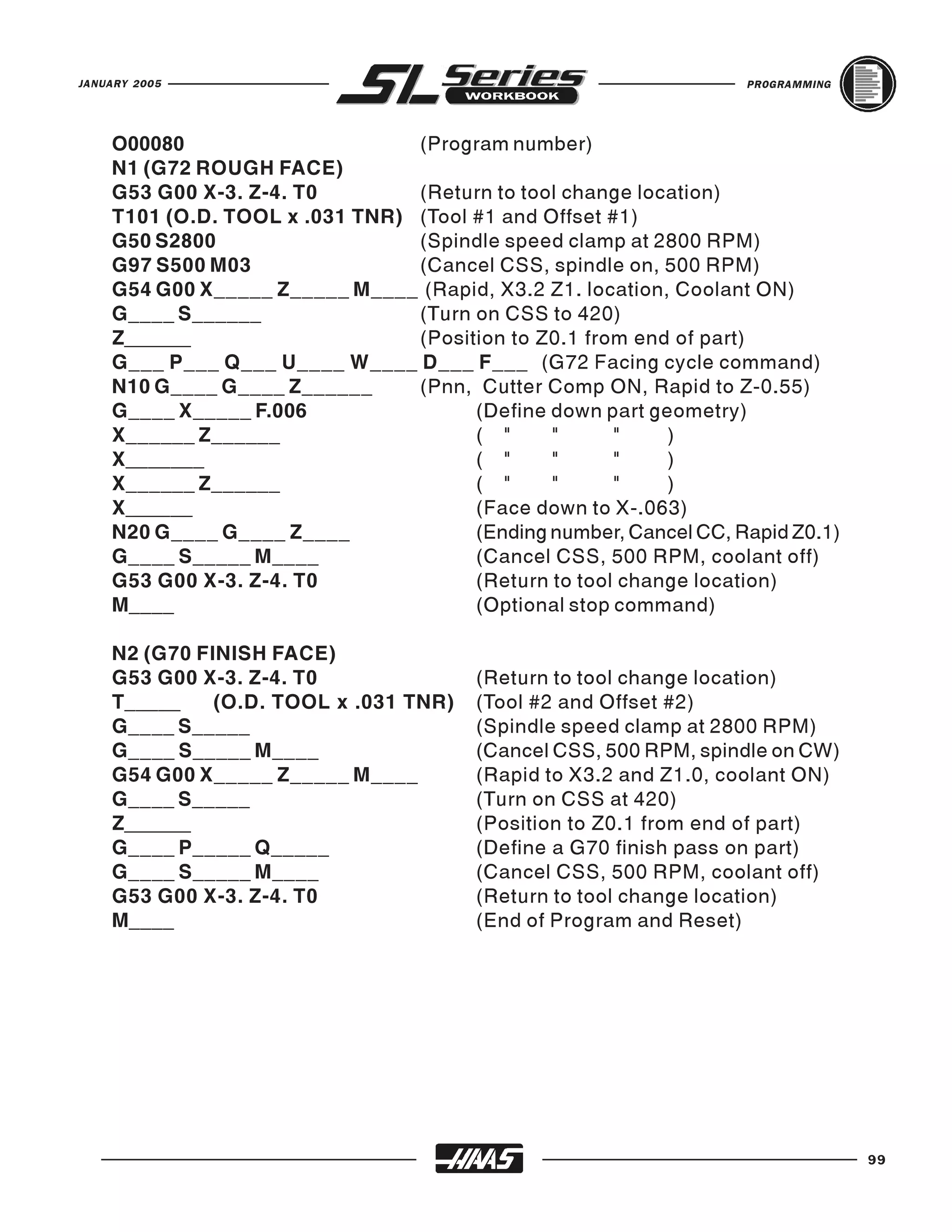 JANUARY 2005                                                      PROGRAMMING




    O00080                      (Program number)
    N1 (G72 ROUGH FACE)
    G53 G00 X-3. Z-4. T0        (Return to tool change location)
    T101 (O.D. TOOL x .031 TNR) (Tool #1 and Offset #1)
    G50 S2800                   (Spindle speed clamp at 2800 RPM)
    G97 S500 M03                (Cancel CSS, spindle on, 500 RPM)
    G54 G00 X_____ Z_____ M____ (Rapid, X3.2 Z1. location, Coolant ON)
    G____ S______               (Turn on CSS to 420)
    Z______                     (Position to Z0.1 from end of part)
    G___ P___ Q___ U____ W____ D___ F___ (G72 Facing cycle command)
    N10 G____ G____ Z______     (Pnn, Cutter Comp ON, Rapid to Z-0.55)
    G____ X_____ F.006                (Define down part geometry)
    X______ Z______                   ( "     "      "    )
    X_______                          ( "     "      "    )
    X______ Z______                   ( "     "      "    )
    X______                           (Face down to X-.063)
    N20 G____ G____ Z____             (Ending number, Cancel CC, Rapid Z0.1)
    G____ S_____ M____                (Cancel CSS, 500 RPM, coolant off)
    G53 G00 X-3. Z-4. T0              (Return to tool change location)
    M____                             (Optional stop command)

    N2 (G70 FINISH FACE)
    G53 G00 X-3. Z-4. T0               (Return to tool change location)
    T_____    (O.D. TOOL x .031 TNR)   (Tool #2 and Offset #2)
    G____ S_____                       (Spindle speed clamp at 2800 RPM)
    G____ S_____ M____                 (Cancel CSS, 500 RPM, spindle on CW)
    G54 G00 X_____ Z_____ M____        (Rapid to X3.2 and Z1.0, coolant ON)
    G____ S_____                       (Turn on CSS at 420)
    Z______                            (Position to Z0.1 from end of part)
    G____ P_____ Q_____                (Define a G70 finish pass on part)
    G____ S_____ M____                 (Cancel CSS, 500 RPM, coolant off)
    G53 G00 X-3. Z-4. T0               (Return to tool change location)
    M____                              (End of Program and Reset)




                                                                                99
 